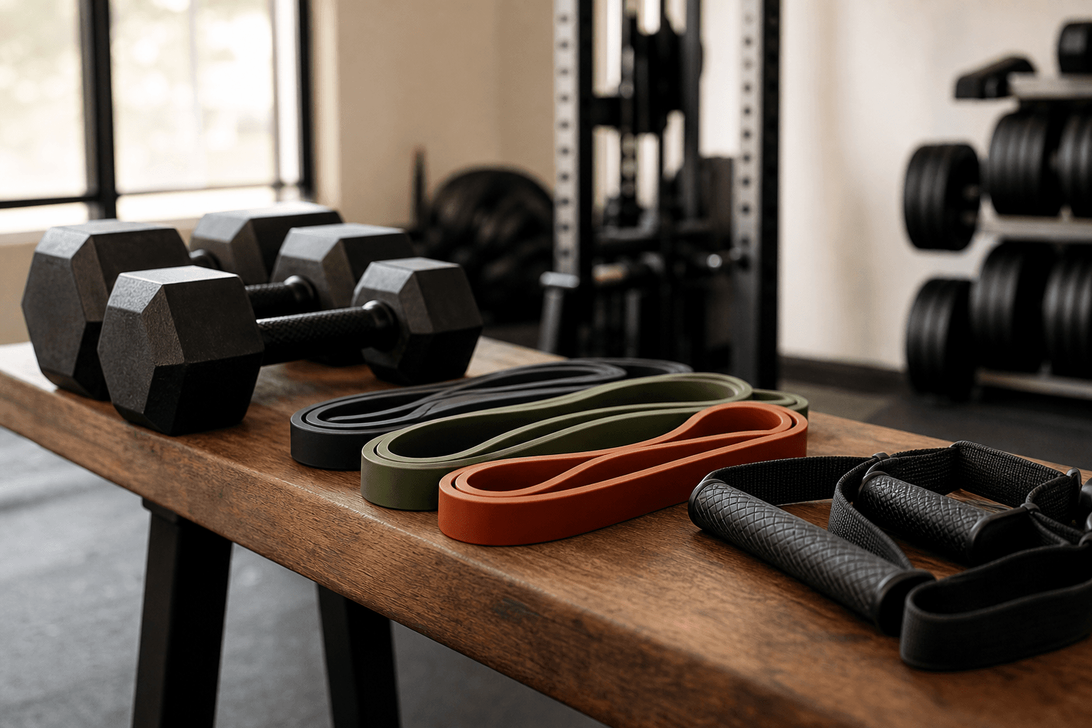 Dumbbells and training gear arranged on a wooden bench