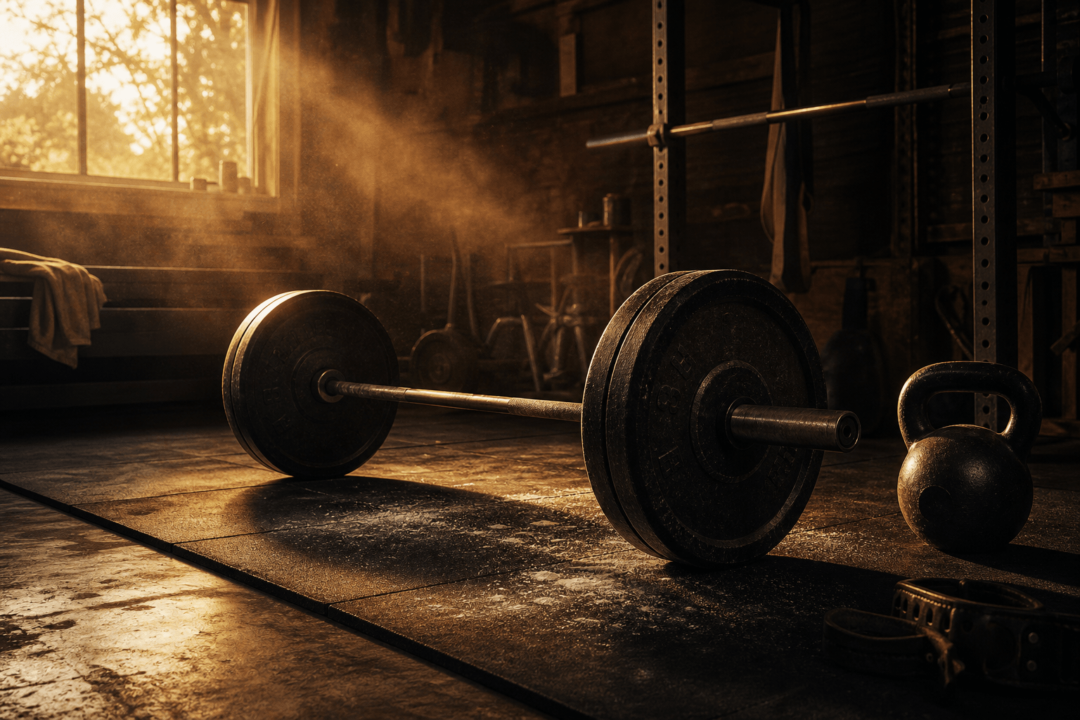 A garage gym with a barbell on a rubber mat in warm evening light