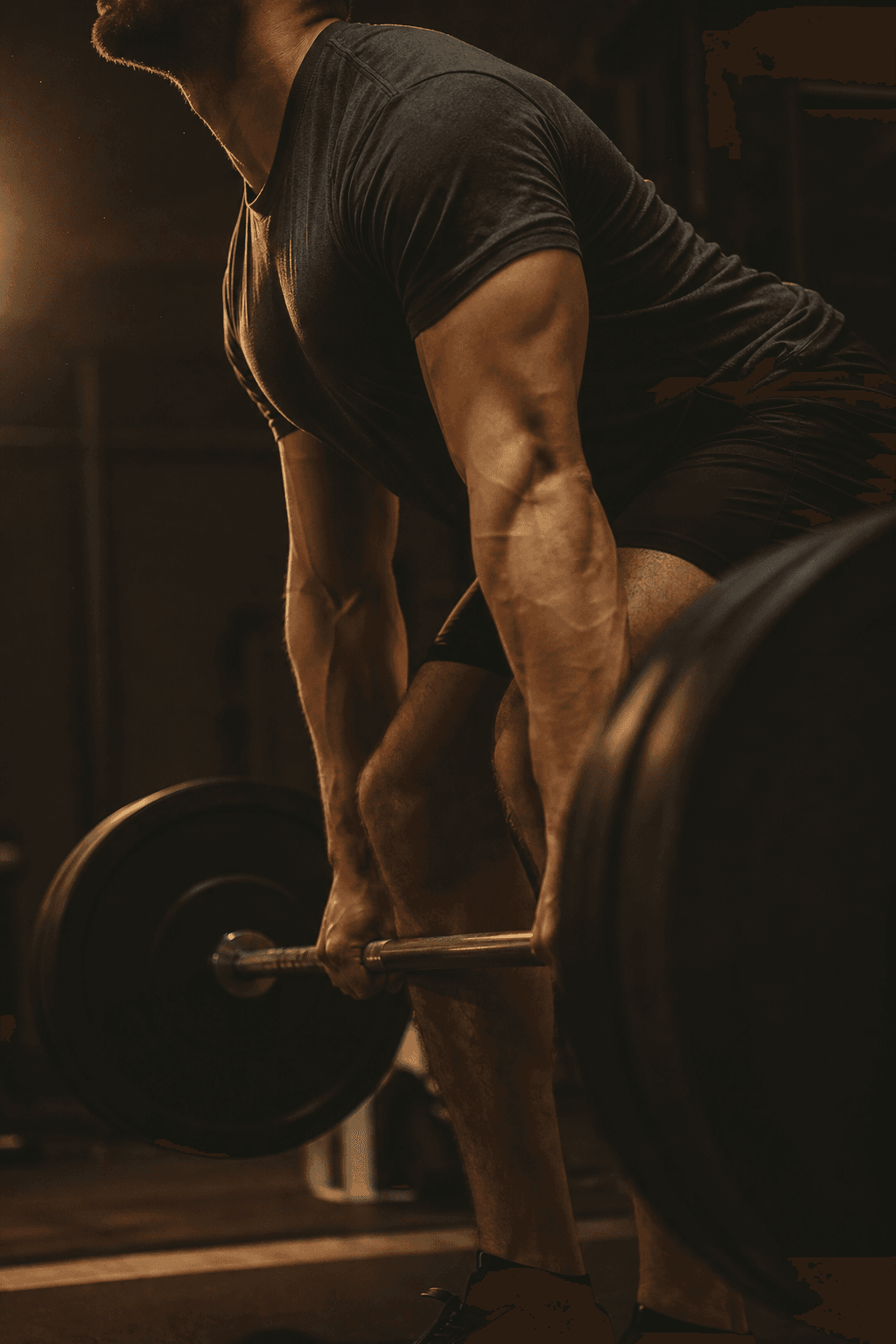 An athlete gripping a barbell mid-lift in a dimly lit gym