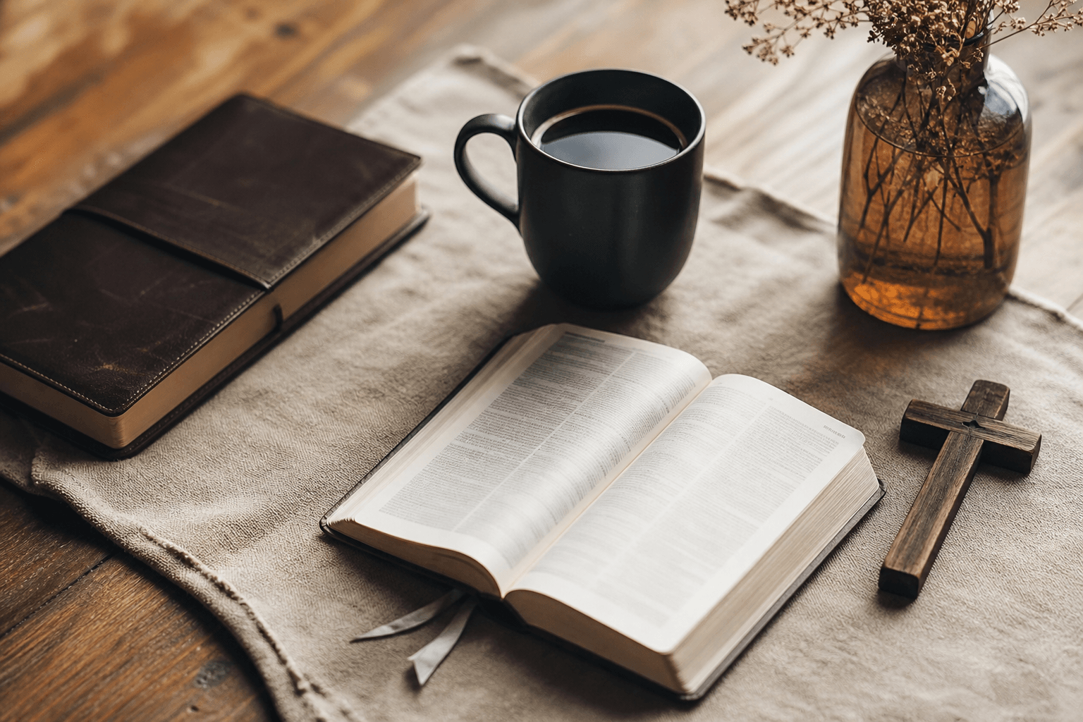 A quiet morning devotion setup with journal, coffee, and soft light