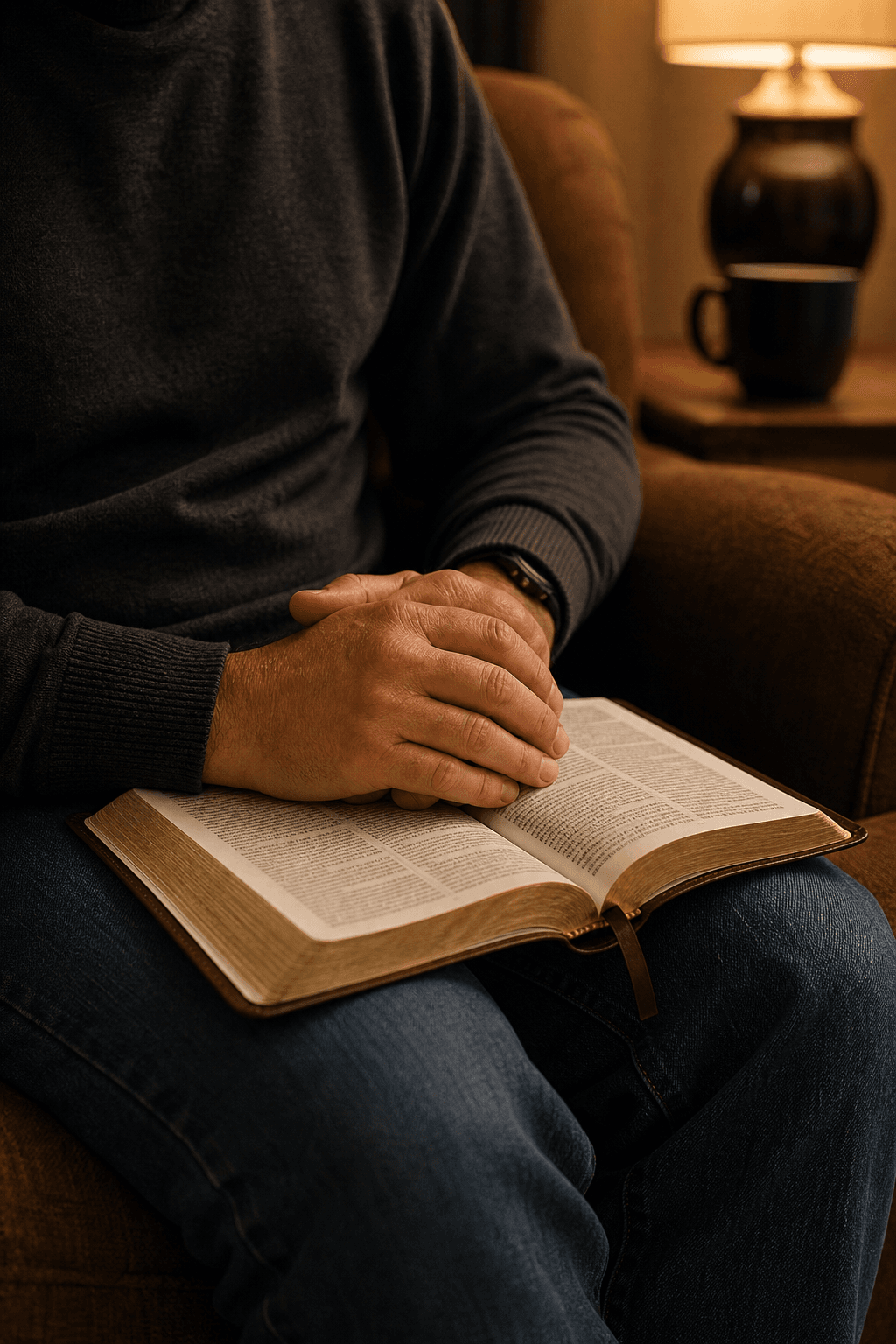 A man's hands resting on an open Bible in warm lamplight