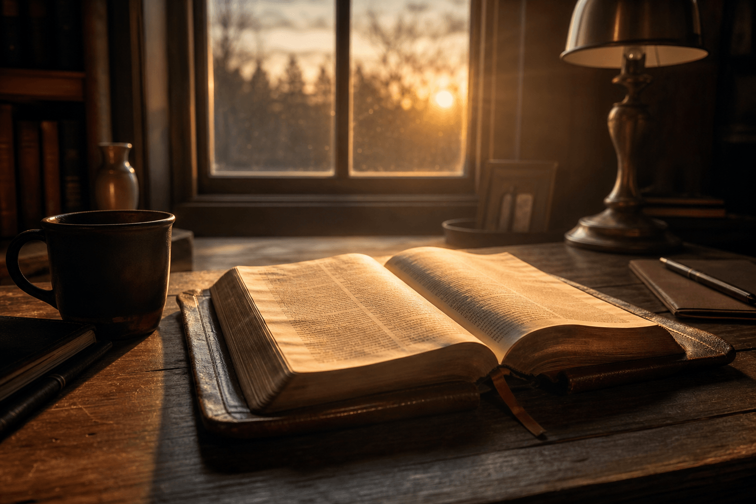An open Bible on a wooden desk in warm dawn light