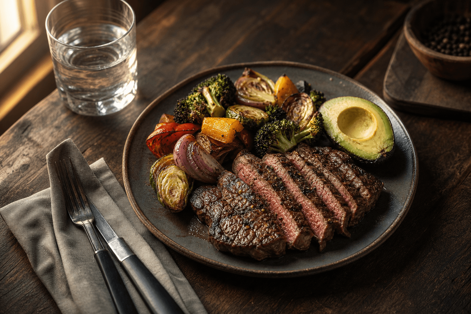 A high-protein plate with steak, greens, and vegetables on a dark wooden table