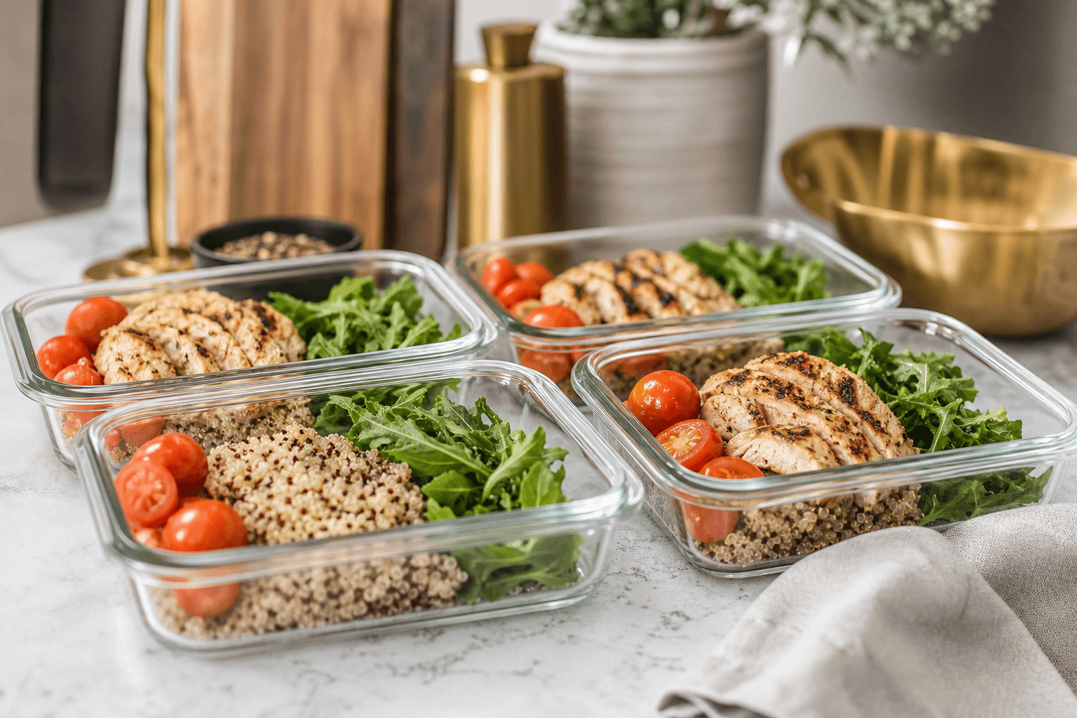Organized meal prep containers with chicken, grains, and vegetables