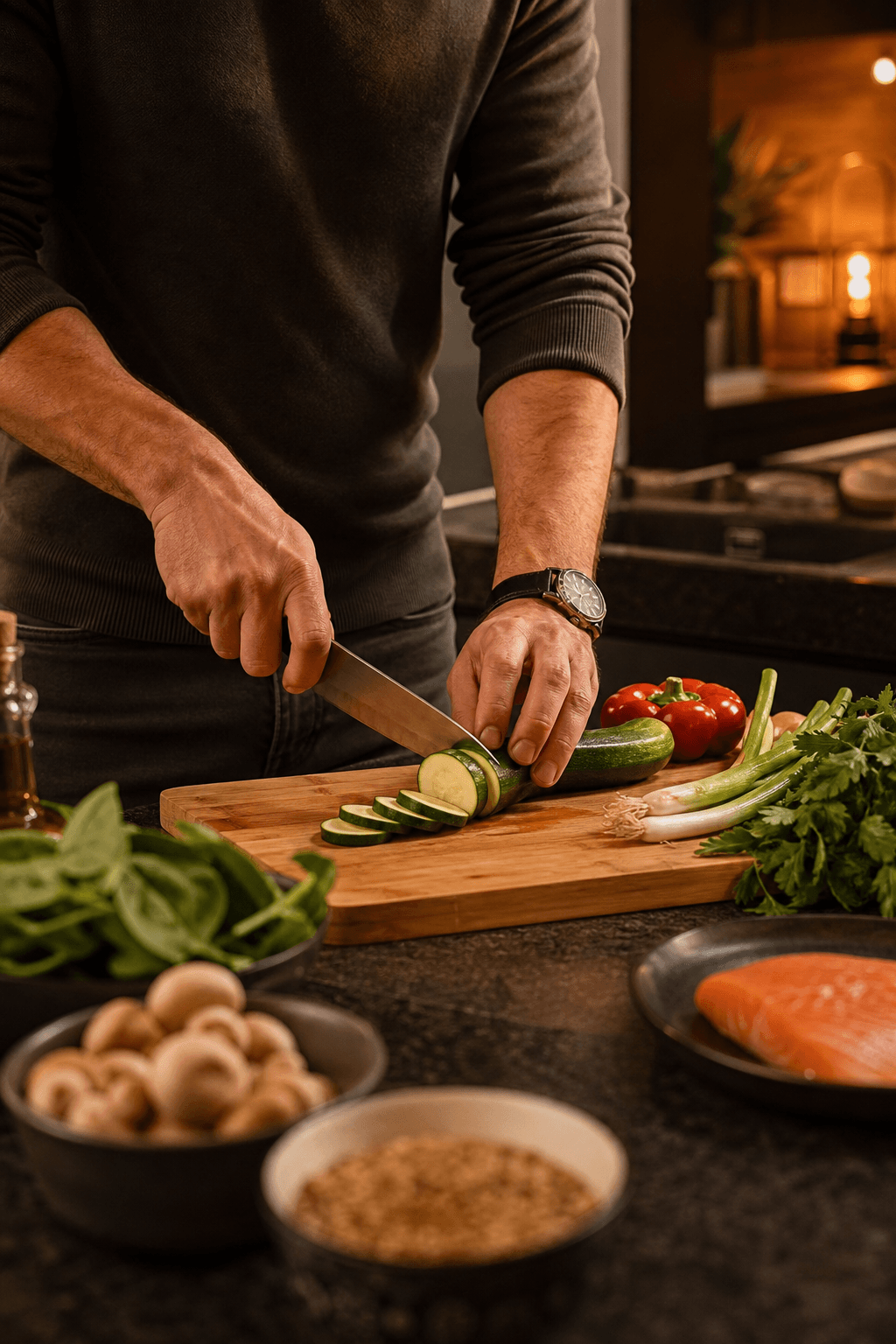 Hands preparing fresh ingredients on a wooden cutting board